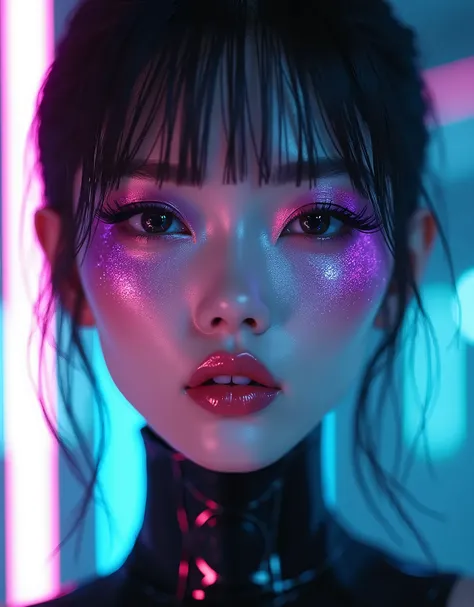 80’s glam rock makeup on shiny android face, anime, 2.5D, Glittery face, moody lighting, (purples, pinks, and blues), iridescent face, abstract ai model, pretty, sexy, minimal, sleek, slender, asian, elegant, chic, futuristic, retro, sophisticated half hum...