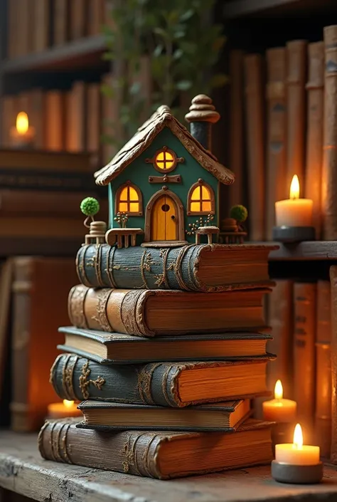 {hyper-realistic, tiny village made from books, magical realism, set within a cozy study nook, photorealistic, glowing lights, whimsical aesthetic, enchanted atmosphere} A tiny village of magical homes has been crafted from stacked, open books, each book a...