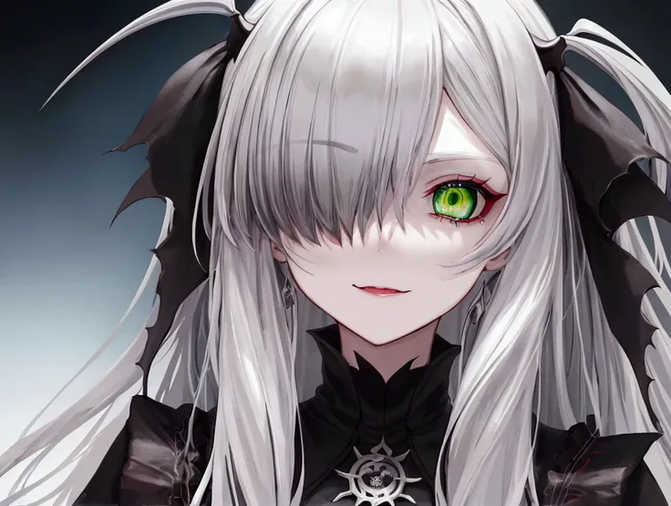 vampire,silver hair,girl,green eyes,close-up of face,front view