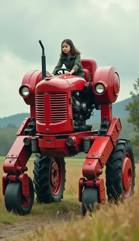 live-action、Real、A red robot made from a tractor、The tractor body is used as the body.、Robot with limbs、A high school girl straddling the driver&#39;s seat、Walk slowly