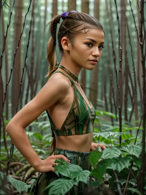 (zendaya:.4), (32k:1.5, Highest quality, masterpiece, Ultra-high resolution), Professional camera work:1.6, Highly detailed skin and face textures:1.3, Captivating portrait:1.2, Very accurate, Very detailed, 1 adult female, ((in the dark forest:1.4)), Incr...