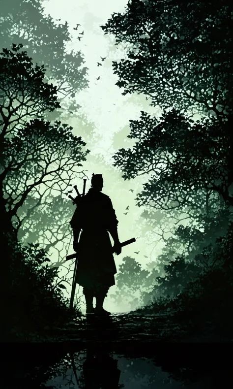 Silhouette art,(double exposure:1.6),(Silhouette of a samurai with a sword: 1 male sword 1: Mysterious forest),Japanese style,meticulous realistic details view detailed clear art abstraction details complex anatomy correct,Textured,Artistic masterpiece,ill...