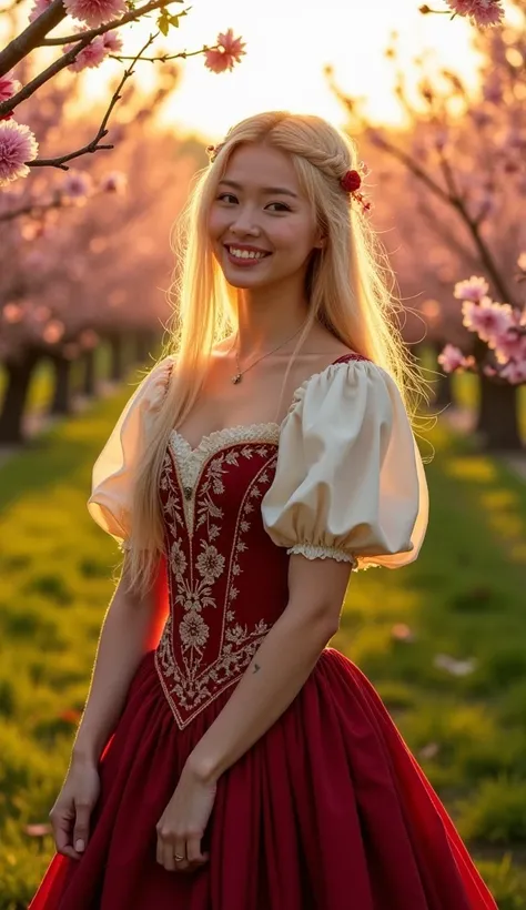 Cinematic photo of a beautiful young woman in a lush spring orchard at golden hour. She wears an ornate medieval-style dress with a cream-colored bodice, puffy sleeves, and a deep red skirt adorned with intricate floral embroidery. Her long blonde hair flo...