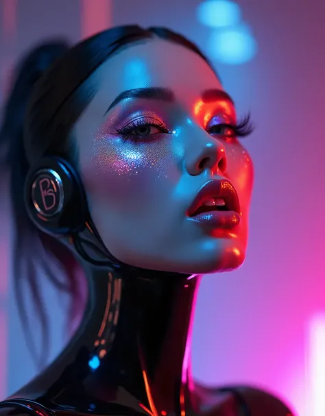 80’s glam rock makeup on shiny android face, anime, 2.5D, Glittery face, moody lighting, (purples, pinks, and blues), iridescent face, abstract ai model, pretty, sexy, minimal, sleek, slender, asian, elegant, chic, futuristic, retro, sophisticated half hum...