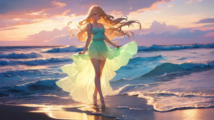 masterpiece， high quality， Movie stills， One person girl，Blonde，night，night空， Floating in the sky， Cloud Girl， cloud， （Cleavage close-up： 1.1），  colorful， Transparent body，Shine，Full Body Lesbian，Green Skirt，Blue Skirt，Transparent clothes