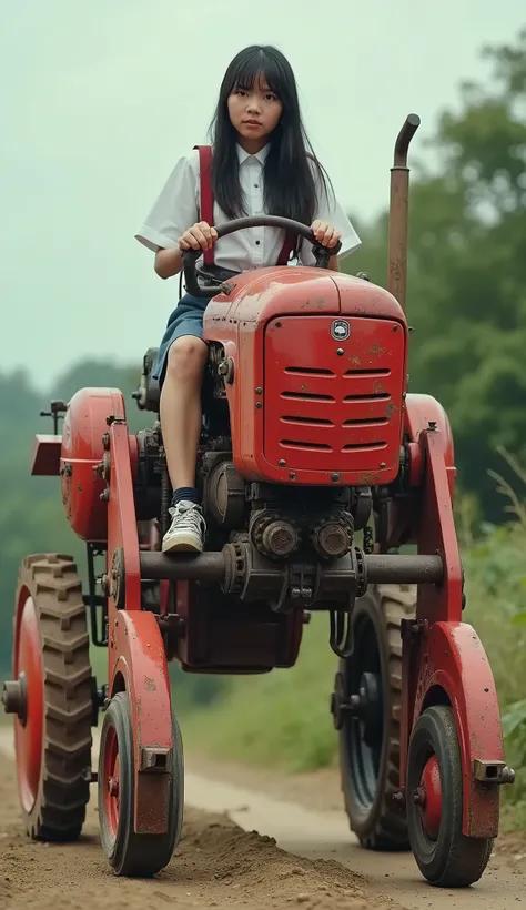 live-action、Real、A red robot made from a tiller、The tiller body is used as the body.、Robot with limbs、A high school girl straddling the driver&#39;s seat、Walk slowly