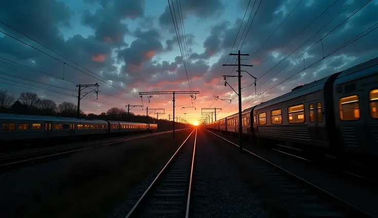 Evening, sunset, clouds form bizarre patterns and swirls in the sky.
We observe the scene from above. Below we see a railway, the setting sun shines on the rails. A train is moving towards the horizon. The windows of the carriages glow with a soft yellow l...