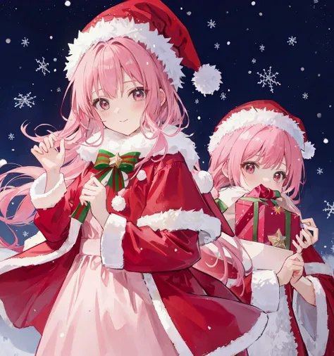 Pink hair , christmas , 1 woman , santa clothes , santa hat , snow falling , Girlfriend 