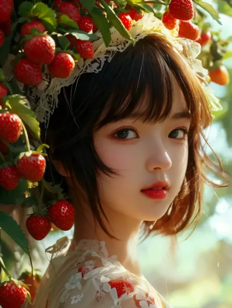 A beautiful girl in 2.5d style, happy face, take a strawberry from it bush, beautiful face, clear and smooth atmosphere --ar 16:9 --style raw --stylize 700 --v 6.1  