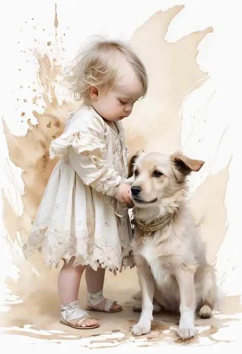 pale toddler wearing a tattered costume and puppy fighting for a babys bootie slipper IN AN ethereal beige setting, the setting is in a blend of old world aesthetics and ethereal creamy beige and white fantasy in a dreamlike ethereal illustration in the ma...