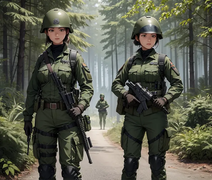 A group of female special forces soldiers in Dark Forest Green uniforms、Tactical Helmet，Magazine Pouch、Brown leather belt、Pistol holster、baton、Military Pants、Thermal gloves、Standing Guard、masterpiece、Best quality、Highly detailed CG、8K quality