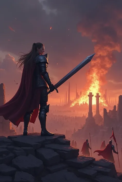 On top of the ruins，A blazing fire is burning on the distant horizon，The sky is dark purple。A female warrior in heavy armor holding a huge sword，Firm gaze，Beside him are several loyal comrades，Face the enemy leader and his army together。The broken stone pi...