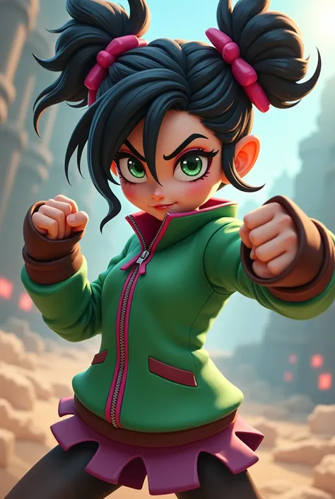 From Disney in Disney Infinity Anime Style Vanellope Cool Evil Green Jacket With A Pink Zipper In Fighting Mode With Kung Fu Tricks 