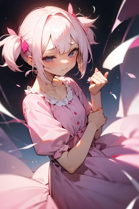 Short white hair, , pink nightgown、Headbang 2.、Twin tails、(Embarrassing)、