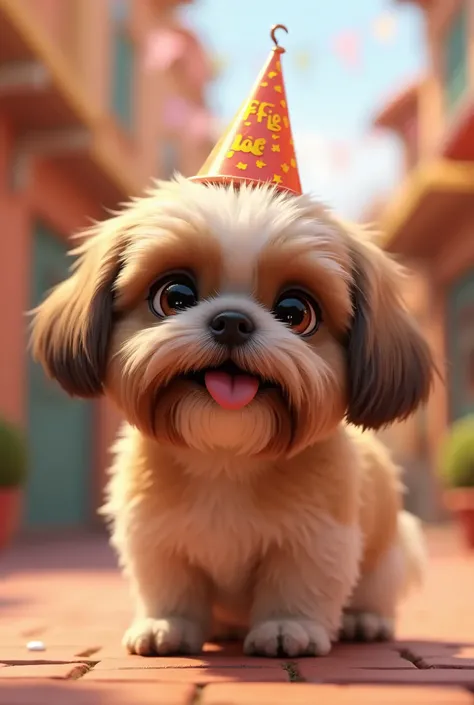 Shitzu with short brown coat,with white streaks on the back,in the head and in the mouth. Black nose with a small pink spot on the upper left side,round, bright brown eyes. with birthday hat. Pixar Disney model