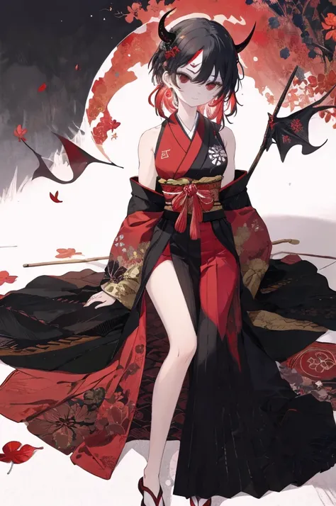 ((Best Quality)), ((masterpiece)), (detailed),A girl with two demon horns on her forehead,multicolor,Black Hair,Red back hair,One long braid,Black Eyes,Red feather earrings,Eyeshadow,Slim figure,Slightly muscular,Japanese red kimono,Short hakama,Sleeveless...