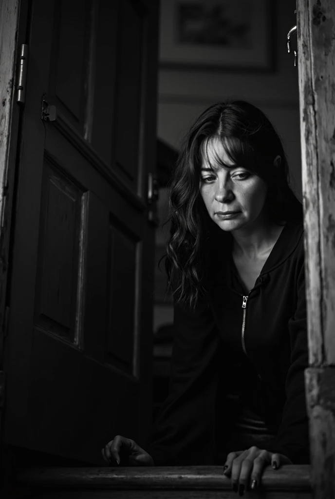 Photography, HD, 8K, black and white, high contrast, FS shot, 45° low angle shot from below. Dark house. A woman of about 35 years old, well groomed, textured face, hiding in the interior staircase of her house. She looks somewhat paranoid towards the door...