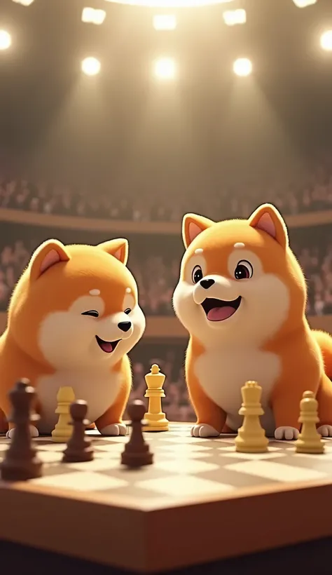 A 3D animated scene capturing two adorable, chubby Shiba Inu dogs with short legs in the final match of a chess championship. One Shiba Inu on the right is making the final move with checkmate, while the other on the left has a surprised expression. Both d...