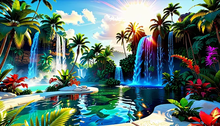 Tropical Paradise Oasis (32K Ultra-Resolution): A 32K Ultra-Resolution Masterpiece, Supreme Detail, Official Art, Lush, And Vibrant. A Hidden Oasis, Shimmering With Crystal-Clear Waters Surrounded By Exotic Flora. Palm Trees Sway Gently In The Breeze, Whil...