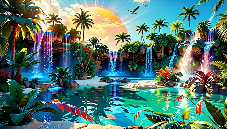 tropical paradise oasis (32k ultra-resolution): a 32k ultra-resolution masterpiece, supreme detail, official art, lush, and vibr...