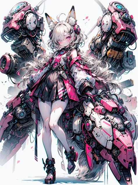 best quality,masterpiece,figure,one girl,alone,whole body,fox ears,mecha,mechanical,chase after,white background,mechanical leg,...