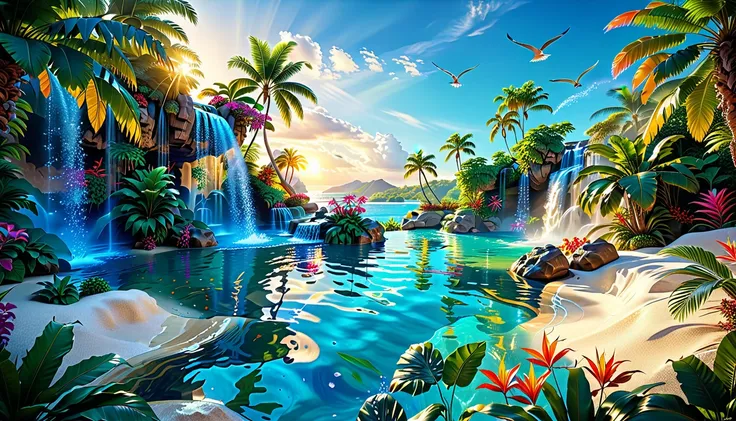 tropical paradise oasis (32k ultra-resolution): a 32k ultra-resolution masterpiece, supreme detail, official art, lush, and vibr...