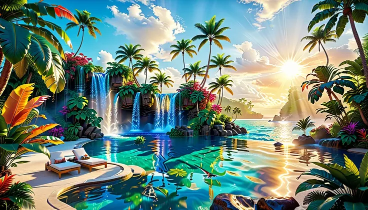 Tropical Paradise Oasis (32K Ultra-Resolution): A 32K Ultra-Resolution Masterpiece, Supreme Detail, Official Art, Lush, And Vibrant. A Hidden Oasis, Shimmering With Crystal-Clear Waters Surrounded By Exotic Flora. Palm Trees Sway Gently In The Breeze, Whil...