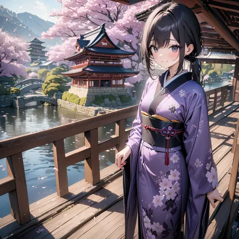 (Best Quality),(masterpiece),(Super detailed),(8k),(32K),One high school girl、Black Eyes、Long low ponytail black hair、smile、Small breasts、Black and purple floral kimono、Standing on a Japanese-style bridge、Japanese Castle、cherry blossoms