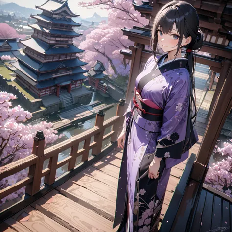 (Best Quality),(masterpiece),(Super detailed),(8k),(32K),One high school girl、Black Eyes、Long low ponytail black hair、smile、Small breasts、Black and purple floral kimono、Standing on a Japanese-style bridge、Japanese Castle、cherry blossoms