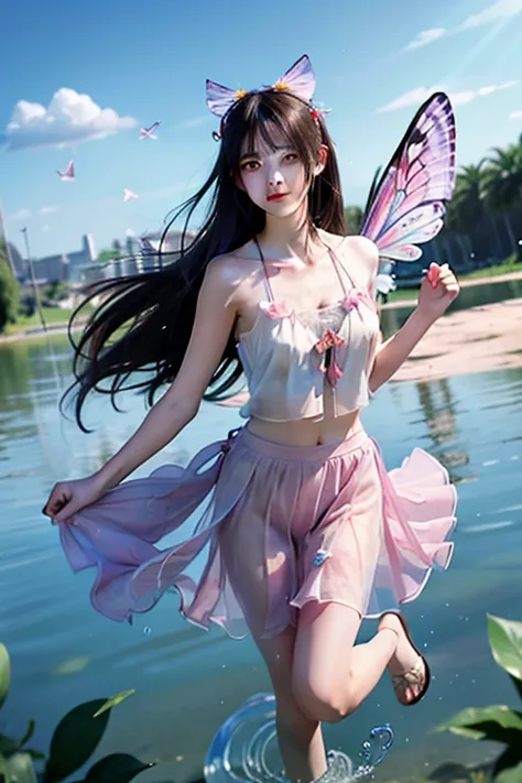 masterpiece, best quality, nonsense, illustration, watercolor,1 girl,Girl with butterfly wings, in water, alone, Long hair, set, Skirt, , Sleeveless, Barefoot, Bare shoulders, stand, , outdoor, Cloud, sky, water, water splashes, รุ้งกินwater,(tight set:0.5...