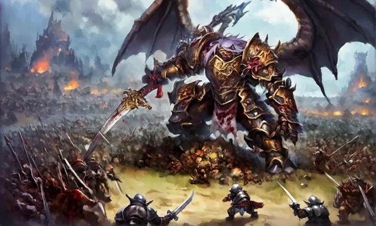 Cute yuna (sexy armor, boodied and bruised warrior, sword bloodied) standing atop a pile of defeated foes (orcs and goblins mainly) exhausted but determined braces for battle as a huge winged monster (wyvern) approaches, fantasy battle ground, final stand