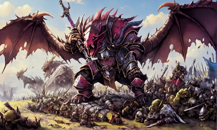 Cute yuna (sexy armor, boodied and bruised warrior, sword bloodied) standing atop a pile of defeated foes (orcs and goblins mainly) exhausted but determined braces for battle as a huge winged monster (wyvern) approaches, fantasy battle ground, final stand