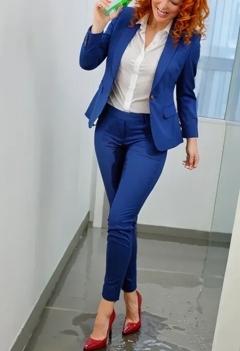 ((attractive redhead woman wearing a blue business suit with pants)), high heel pumps, white blouse, curly hair, having a drink in her office wetting, big smile, pee stains are gleaming wet, shoes soaked with pee, lower legs of pants soaked in pee, pee sta...