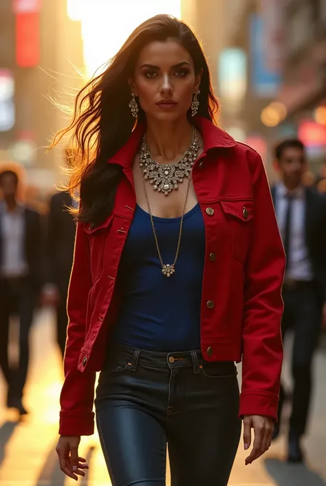 High-contrast cinematic shot of Morena Baccarin, dressed to impress in a bold red lumber jacket, paired with a sizzling blue tank top and tight-fitting jeans. Her piercing gaze is framed by luscious locks, adorned with sparkling jewelry. Towering heels ele...