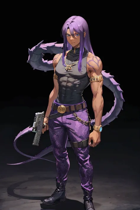 a tall black girl, muscular, purple hair, blue eyes, with blue sleeveless t-shirt with a dragon print, mustard pants, black boots, Fingerless gloves that reach mid-biceps, In his left hand he holds a Colt M1911