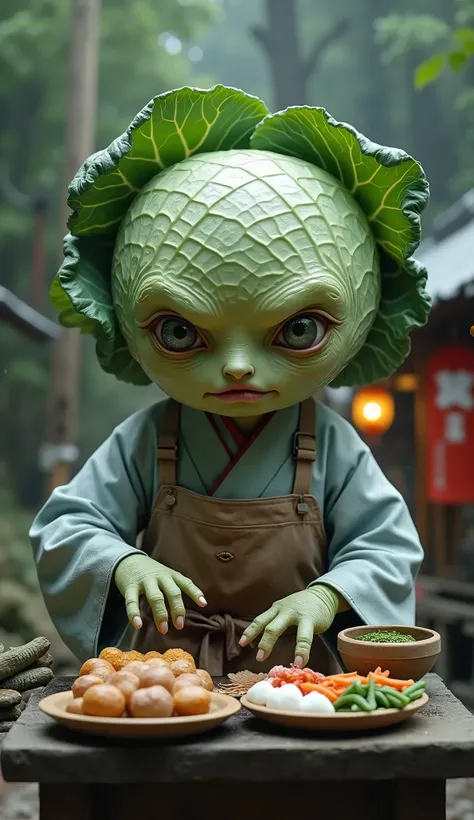 Cabbage-headed supernatural creature humanoid selling food at a food stall　clerk　Japanese Shrine Festivals　Looking at me with a creepy expression　Creepy　Japanese Horror　Ruins in the mountains of Japan　Wearing clothes　4K 8K Realistic　Masterpiece