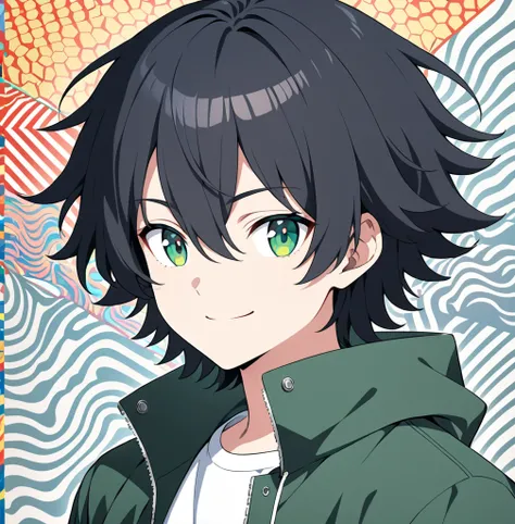 a man in a jacket standing in front of a sky, shirt, black hair, hair between eyes, closed mouth, green eyes, white shirt, upper body, green jacket, Solo, smile, OP Art, anime style, accurate, anatomically correct, high resolution, super detailed