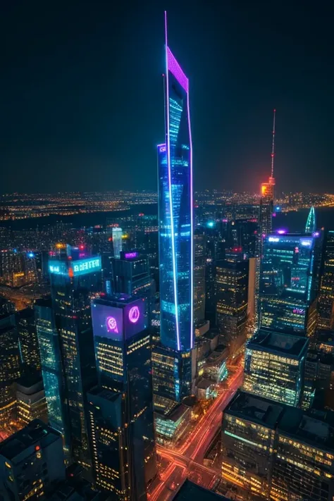 Best Quality　Futuristic night view with glowing neon signs　Skyscraper rooftop　Objects in the city