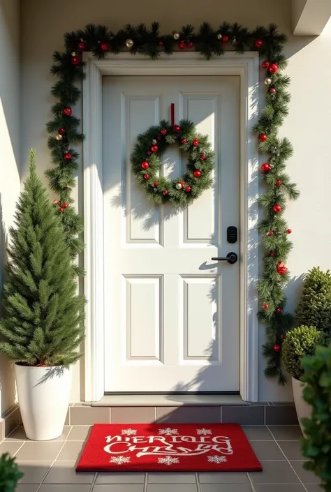 Half-height downward view, of the lower half of a residential entrance door.clear and shadowless image . The door is white and has a small Christmas-themed welcome mat in front of it., decorated with festive elements such as snowflakes, Christmas trees or ...