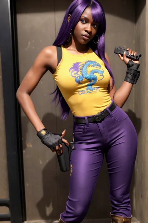 a tall black girl, purple hair, blue eyes, with blue sleeveless t-shirt with a dragon print, mustard pants, black boots, Fingerless gloves that reach mid-biceps, In his left hand he holds a Colt M1911