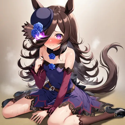 rice shower (umamusume),  rice shower  (umamusume) ,highly detailed eyes,sitting,wariza,
1girl, solo,looking at viewer,smile,(furrowed eyebrows),full face blush,long hair,long eyelashes,thick eyelashes,perky breasts,(anatomically correct),
animal ears,  ha...