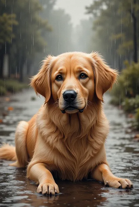 illustration, watercolor, wet on wet, paintstreaks, watercolor painting, 
a golden retriever in the rain a painting in the style...