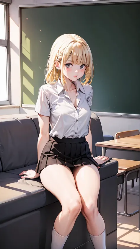 Two young teenage girls; Asian College Student; sweet and innocent; School Uniform; In the classroom; beautiful; Miniskirt and knee socks; Low-cut blouse; Girl with braided hair; Glasses; Her blouse is unbuttoned; Waist exposure; She is very thin; Six Pack...