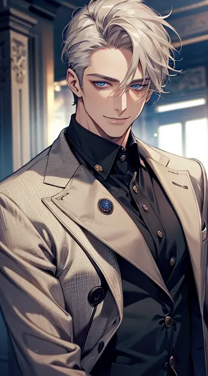 a mature man, very handsome, short grey golden hair, beautiful blue eyes, perfect detailed face, buttoning his jacket, CEO, smiling in love, cinematic lighting, 1:4 HDR, photorealistic, ultra detailed, 8K, best quality, masterpiece