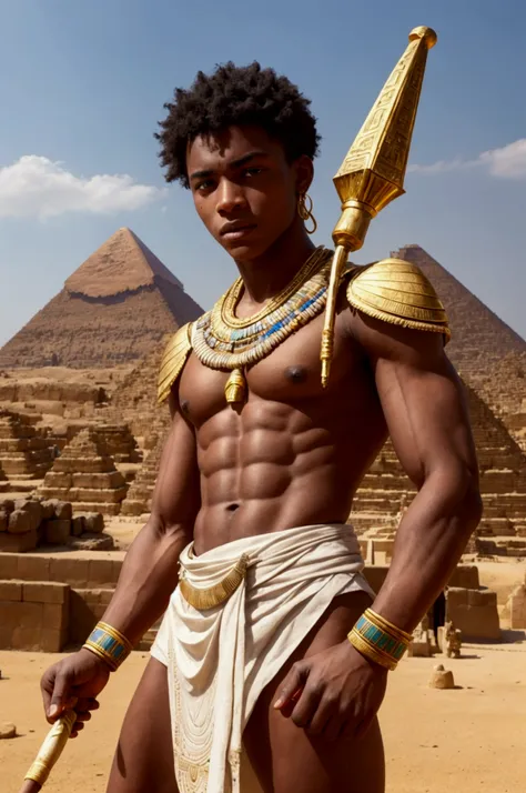 17 year old muscular african boy, by white, Brown eyes, with an ancient Egyptian outfit, in the background the pyramids, holding an Egyptian scepter