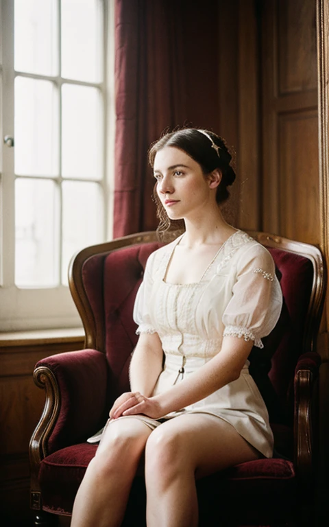 Jane Eyre wearing bra and panties, sitting in a high-backed armchair in a Victorian-looking room, looking towards the camera