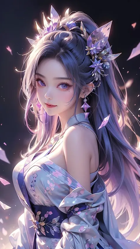 One girl, Off the shoulder, A light smile, Glowing Skin, Highest quality, masterpiece, (Realistic:1.4)、Highest quality、Ultra delicate、Big beautiful eyes Purple Japanese traditional kimono、Moonlit Night、Mysterious、colorful、Look forward、Have a crystal、Anime ...