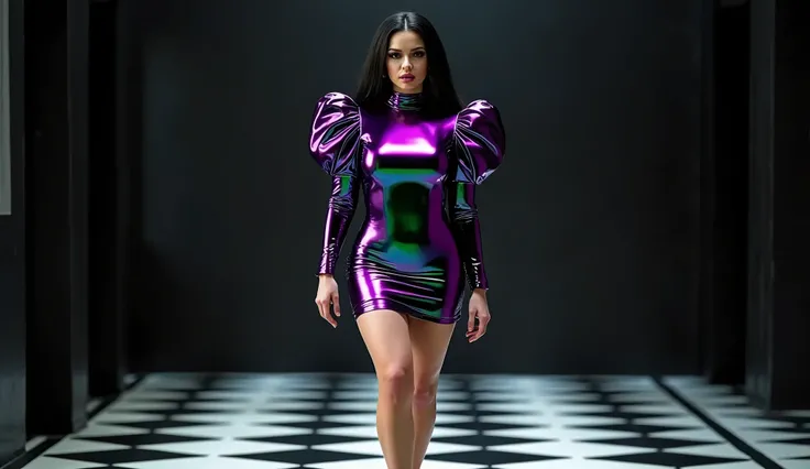 full body and full attire, a beautiful drag queen (slim waist, wide pads, thigh thick, extremely gigantic chubby breasted), standing pose graceful in a black-and-white checkered ground and black wall luxury room, bright room, straight dark hair, detailed p...