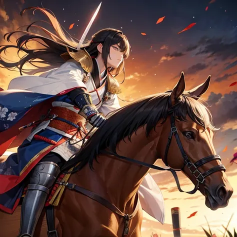 The decisive battle between the historical Japanese warlords Uesugi Kenshin and Takeda Shingen,Uesugi Kenshin on horseback swinging his sword,Wrapped in blue electricity, Takeda Shingen is sitting on a camp chair and blocking a sword with his fan,Wrapped i...