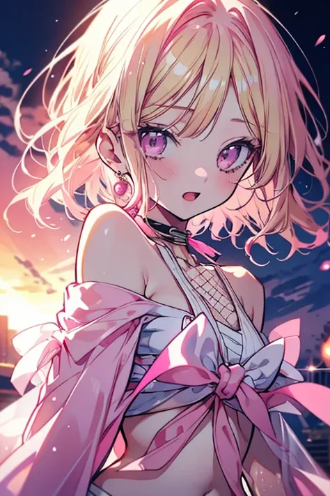 1 girl、Blonde、Pink mesh hair、Half Twin、Pink Eyes、one piece、Shoulder Bare、Belly button、Earrings、bracelet、カラフルなone piece、ing、Live Stage、sunset、Open Mouth、cute、ribbon、Long eyelashes、Appliqué、Beautiful Face